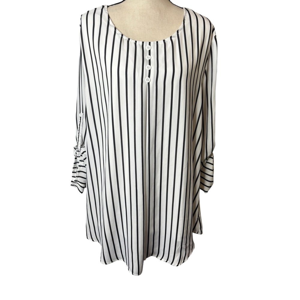 Cestyle Womens 2XL Tunic Top Black White Striped Roll Tab Sleeve Button Neck